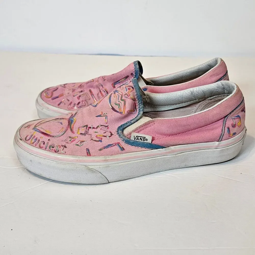 Vans Classic Slip On Shoe Sneaker Hand Painted Upcycle Light Pink‎ Women's 6.5